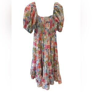Pinch Pink and Green Smocked Puff Sleeve Tiered Sundress Size M, Pre-Owned EUC
